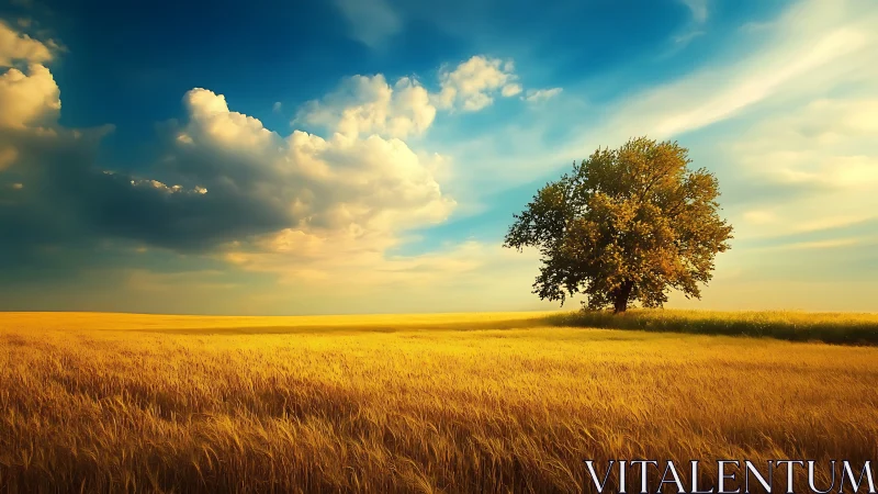 Isolated field oak under late afternoon stratocumulus sky