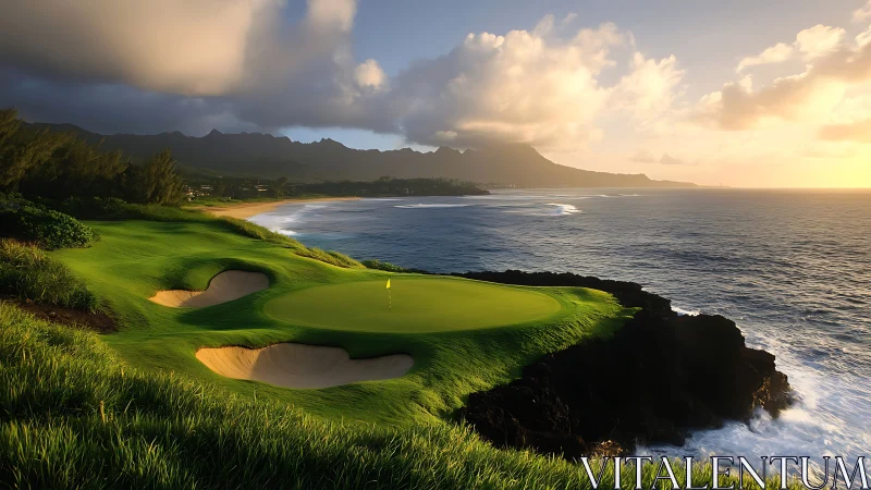 Clifftop oceanfront golf green under dynamic sunset atmosphere.