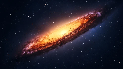 Edge-on spiral galaxy with luminous accretion band rendered digitally.