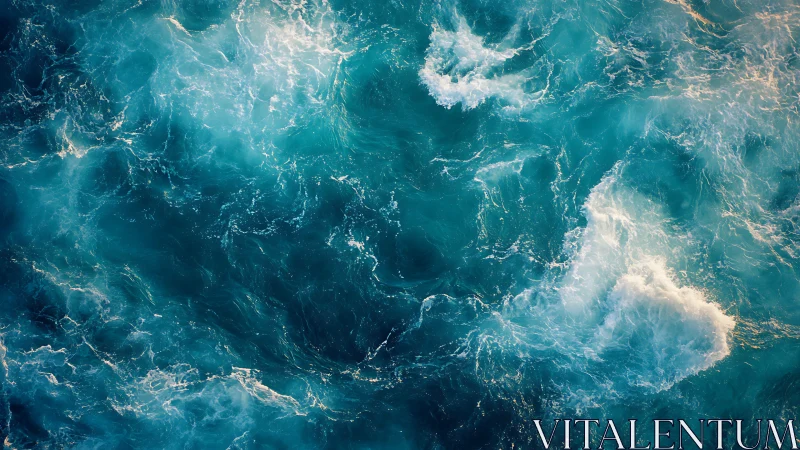 Turbulent cyan ocean surface with foaming wave interference.