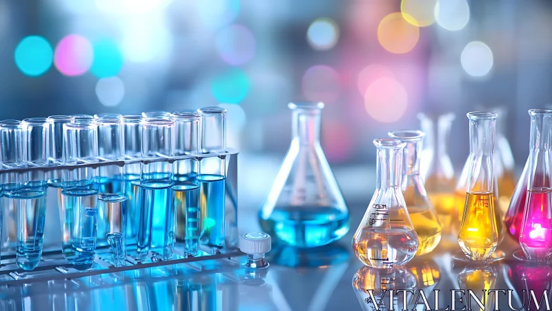 Laboratory glassware is arranged with multicolored solutions