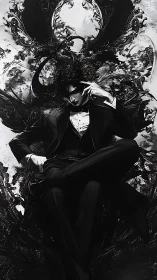 Calm suited figure resting amid swirling dark magic.