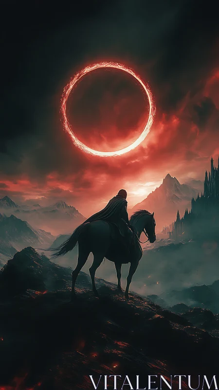Lone rider confronts fiery eclipse above a dark realm