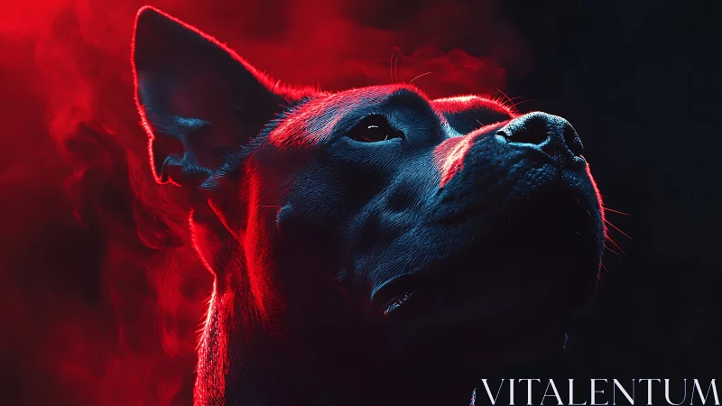 Intense close up of dog head in red neon smoke glow.