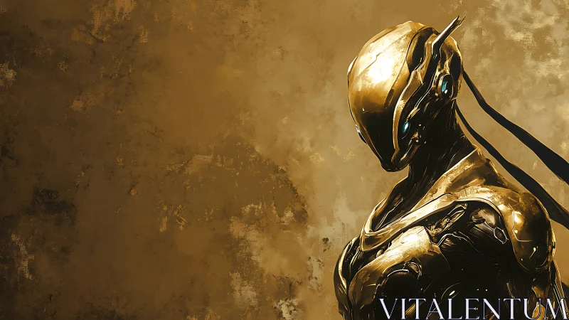 Golden armored android stands against textured ochre void.