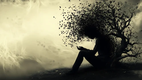 Quiet silhouette beneath a fading tree of scattered thoughts.