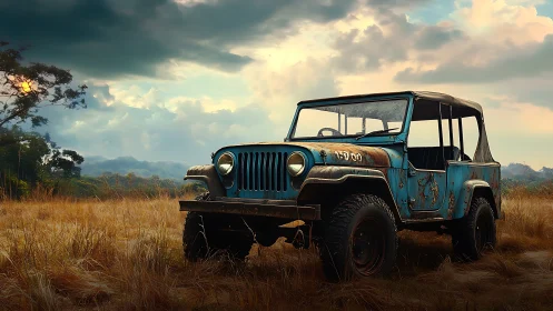 Weathered blue off-road jeep abandoned in golden dry grassland