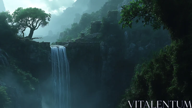 Misty Canyon Waterfall Cascades Through Ancient Jungle