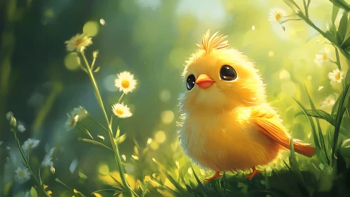 Soft golden chick rests among sunlit meadow flowers.