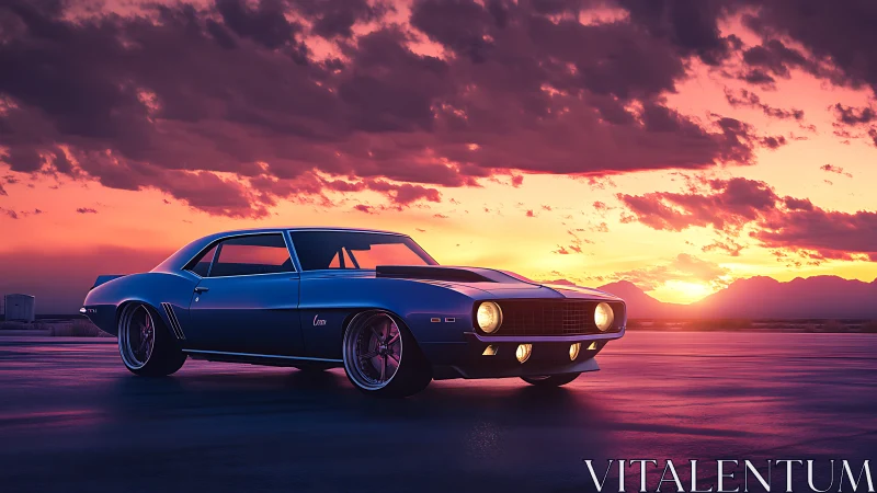 Classic blue muscle car under vivid sunset sky scene.