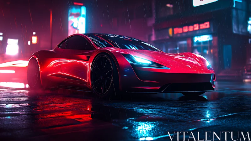 Electric supercar cuts neon reflection through wet city night.