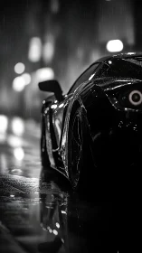 Rear quarter view shows wet sports car in rainy night street