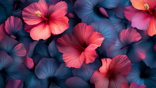 Vibrant Red and Blue Hibiscus Flowers Overlapping.