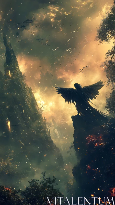 Winged silhouette surveys burning chasm under turbulent apocalyptic sky