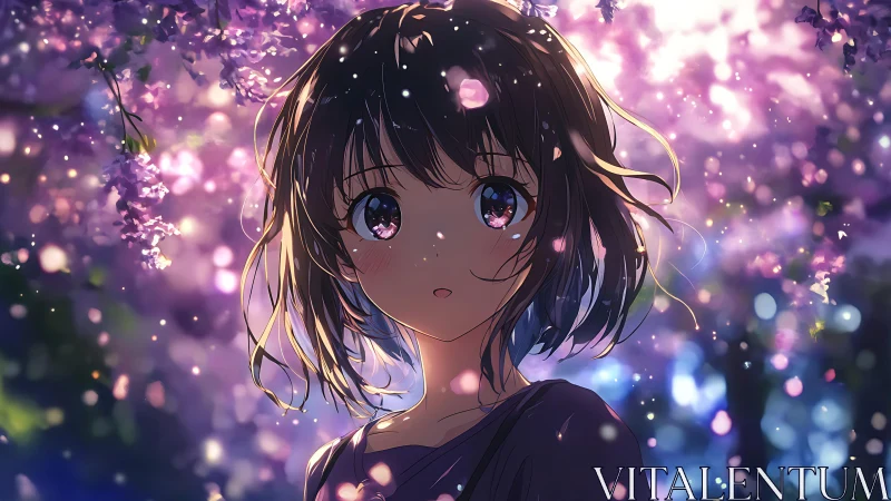 Anime girl stands under luminous blossom canopy at dusk