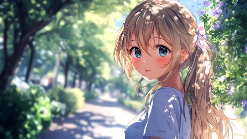 Sun-dappled sidewalk reverie with soft-eyed anime girl.