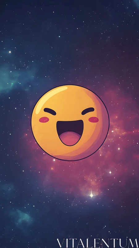 Smiling cartoon emoji floats against colorful deep space