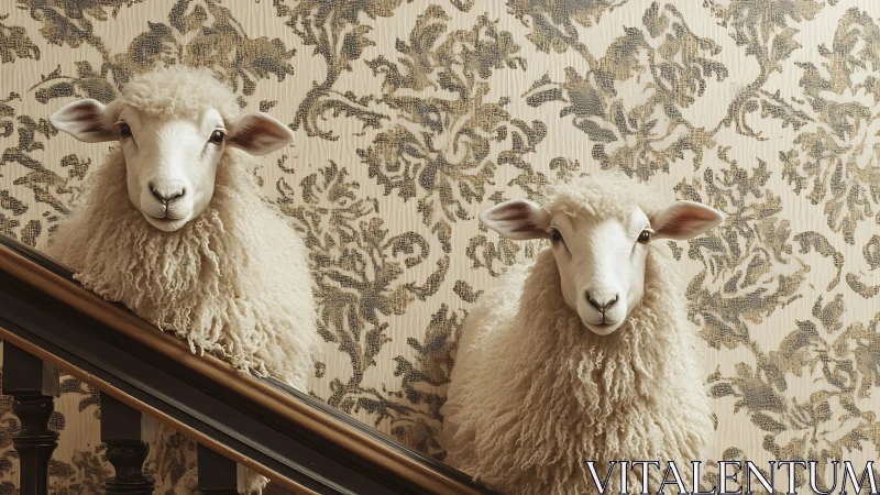 Two fluffy sheep pose indoors against ornate wallpaper.