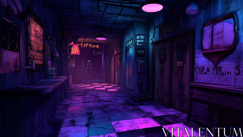 Neon haunted corridor with distant robotic silhouette.