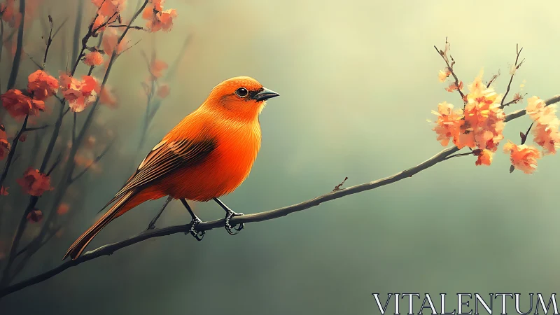Vibrant orange songbird perched on blooming branch, digital art.