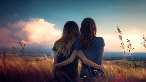 Two Women Embracing in Sunset Field, Dreamy Artistic Style.