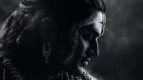 Side profile of ornamented figure in dramatic low key lighting.