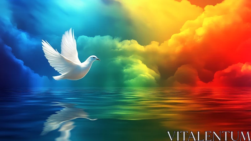 Dove of light glides above rainbow oceans and stormy dreams.