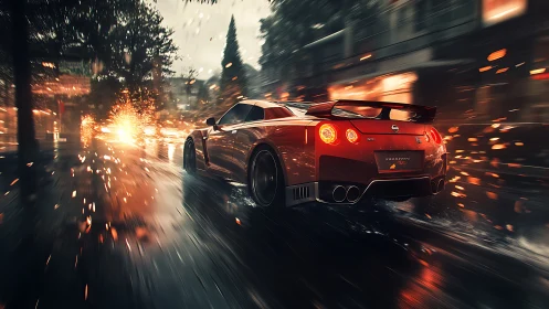 High-speed red sports coupe slicing through wet city street.