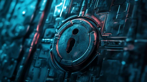 Metallic keyhole in illuminated futuristic lock surface.