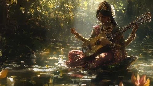 Sunlit river muse strumming melodies in a quiet forest.