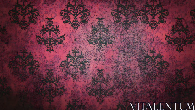 Distressed crimson damask wallpaper with dark baroque motifs.