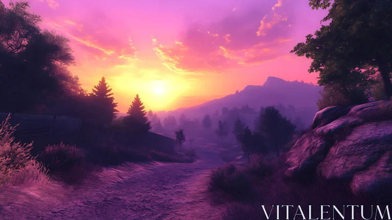 Vibrant sunset floods misty valley trail with magenta light.