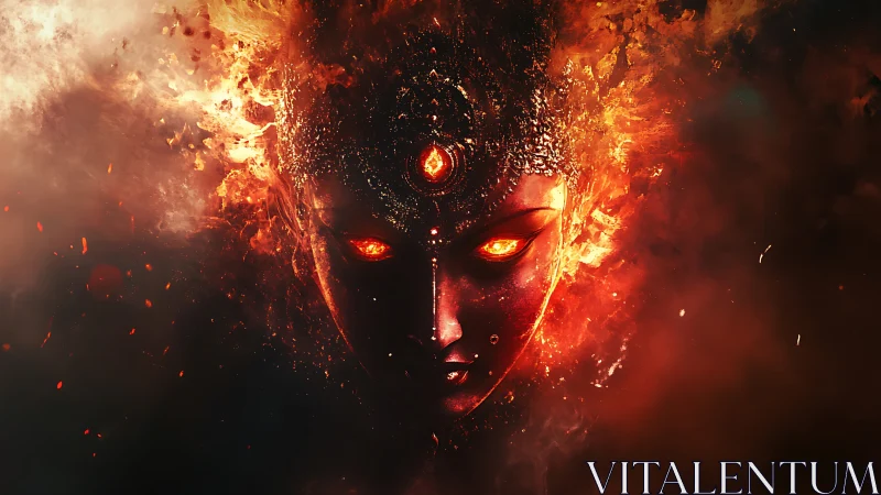 Fiery goddess face emerges from swirling cosmic flames