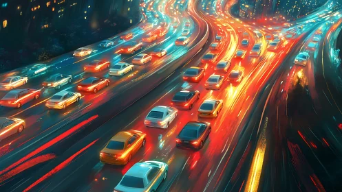 Night highway traffic flow under dense urban lighting.