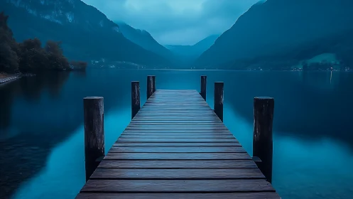 Mountain lake pier under moody blue twilight sky.