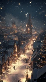 Snow-laden nocturnal townscape with luminous festive architecture.