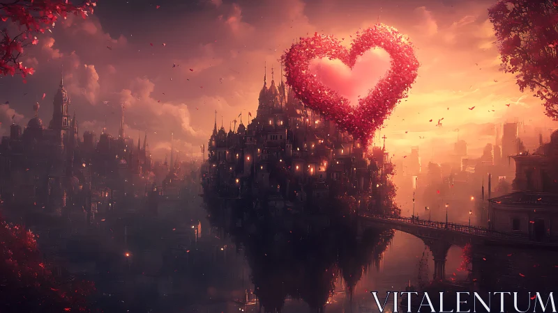 Romantic Fantasy Castle Under Glowing Heart Particles