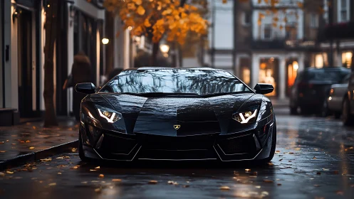 Black sports car on wet city street in autumn conditions.