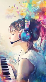Digital painting of pianist girl with headset and chromatic splashes.