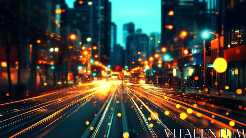 Glowing city traffic streaks paint a lively urban night