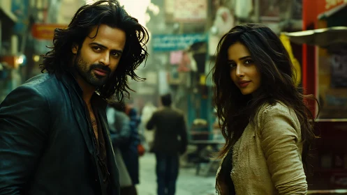 Cinematic portrait of two urban figures in shallow depth of field