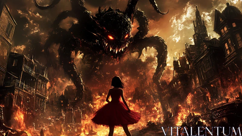 Girl confronts colossal demon above burning ruined cityscape.