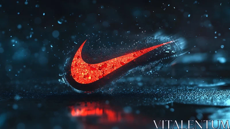 Vibrant Red Nike Logo in Futuristic Neon Rain Setting.