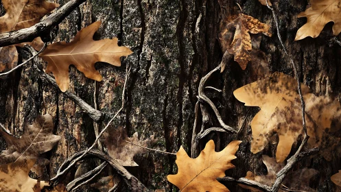 Autumn oak leaves rest on rugged bark in warm earthy tones