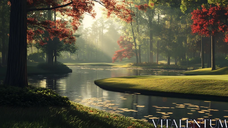 Sunlit river bend with layered foliage and soft volumetric haze