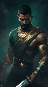 Warrior portrait with gilded armor, teal drapery, short sword