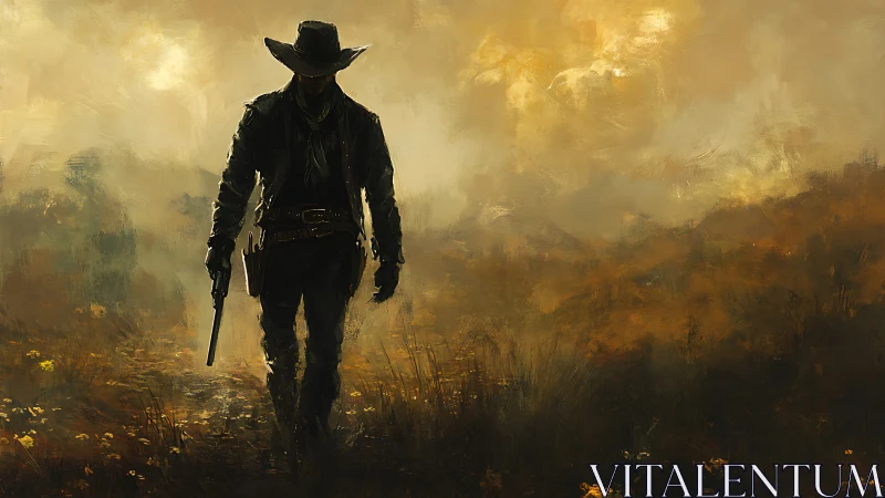 Moody digital painting of lone gunslinger in hazy frontier dusk.
