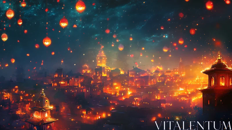 Lantern-lit fantasy city ignites beneath a cosmic night sky.