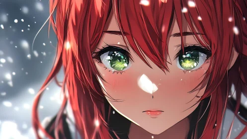 Snowlit red-haired girl with luminous green eyes portrait.