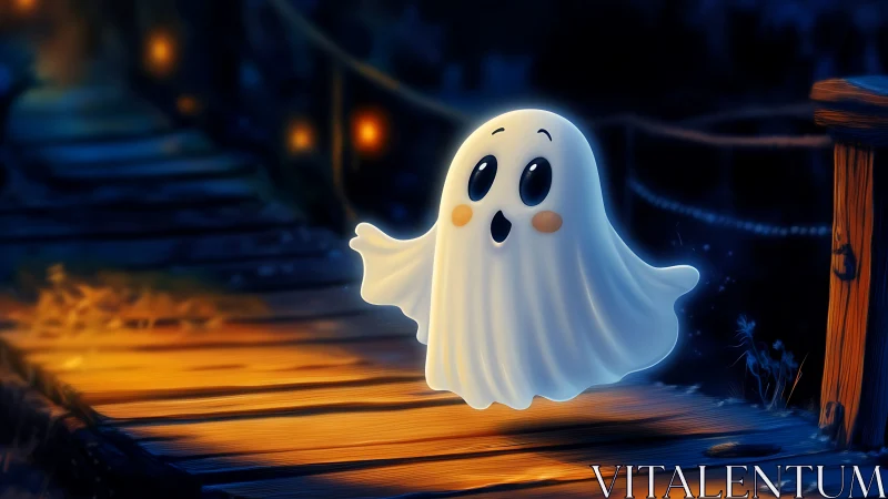 Cartoon ghost hovers on wooden path in soft moonlit glow